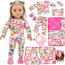 Load image into Gallery viewer, UNICORN ELEMENT 6 Pcs Colorful Heart Pattern American 18 Inch Girl Doll Clothes and Accessories Long-Sleeved Pajamas and Sleeping Bags Set
