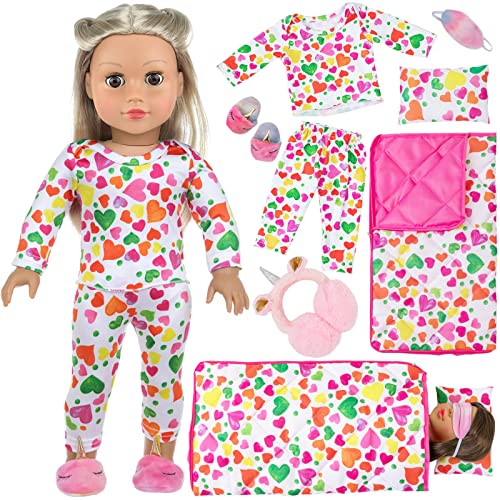 UNICORN ELEMENT 6 Pcs Colorful Heart Pattern American 18 Inch Girl Doll Clothes and Accessories Long-Sleeved Pajamas and Sleeping Bags Set
