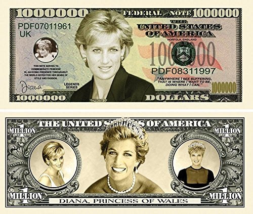 50 Princess Diana Million Dollar Bills with Bonus Thanks a Million Gift Card Set