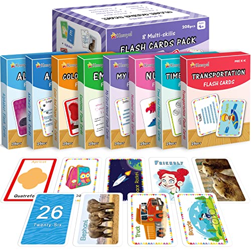 Flash Cards for Toddlers 2-4 Years, Kindergarten, Preschool - Set of 208 Flashcards Inclu ABC Alphabets, Numbers, First Sight Words, Colors & Shapes, Animals, Emotions, Transport, Time & Money