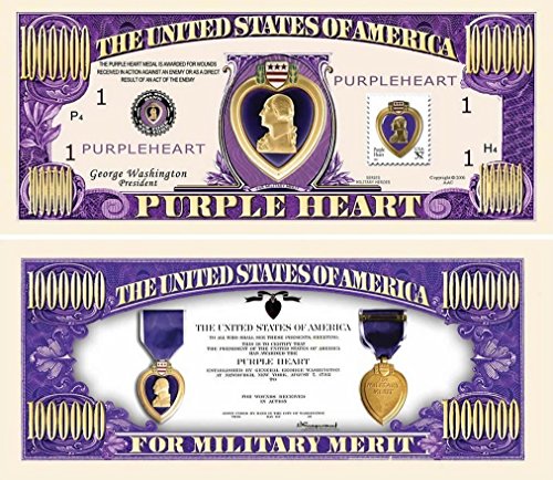 5 Purple Heart One Million Dollar Bills with Bonus Thanks a Million Gift Card Set