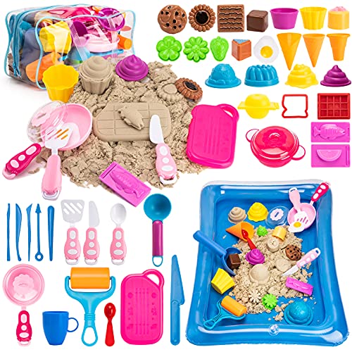Vaike kauss Play Sand Ice Cream Kit - 3lbs All-Natural Sensory Sand, Cookware Sand Molds Tools, Inflatable Tray and Storage Bag, 44PCS Sandbox Toys Set for Kids Toddlers Boys Girls Gifts