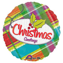 Load image into Gallery viewer, &quot;Christmas Greetings&quot; Holly Plaid Blue Green Red Purple 18&quot; Balloon Mylar
