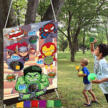 Load image into Gallery viewer, Superhero Themed Toss Games Banner with 6 Bean Bags-Fun Superhero Indoor Outdoor Throwing Game Party Supplies for Kids in Family Games,Superhero Themed Party,Carnival Games (Blue)
