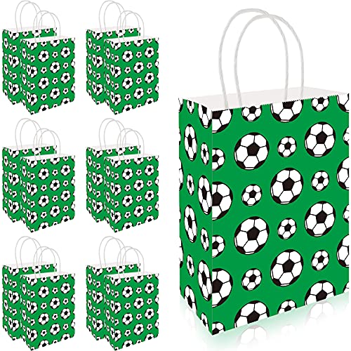 24 Pieces Soccer Party Favor Bags Paper Soccer Print Gift Bags Soccer Party Candy Bags Treat Bags Green Soccer Goodie Bags with Handles for Soccer Birthday Party Favors Supplies