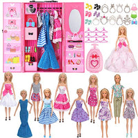 SOTOGO 11.5 Inch Girl Doll Closet Wardrobe with Doll Clothes and Accessories Include 11 Sets Doll Outfits Fashion Dresses Party Gowns Wedding Dress and Wardrobe Shoes Bags Necklaces Hangers Trunk