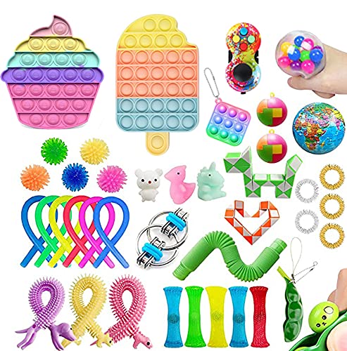 Lefyira Silicone Decompression Toys Pack Simple Dimple Squeezing Board Game Cheap Senory Fidgets Toys with Marble mesh Anxiety Tube Fidget Block Set for ADHD ADD Anxiety Autism (Style Q, 40PCS)