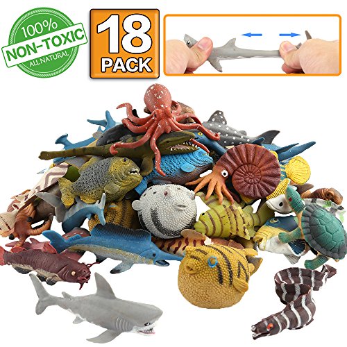 ValeforToy Ocean Sea Animal,18 Pack Rubber Bath Toy Set,Food Grade Material TPR Super Stretchy, Some Kinds Can Change Colour, Squishy Floating Bathtub Toy Figure Party,Realistic Shark Octopus Fish