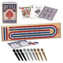 Load image into Gallery viewer, Bicycle Cribbage Board | 3-Track Color Coded Real Pine Wood Cribbage Game with Deck of Bicycle Cards and Premium Metal Cribbage Pegs
