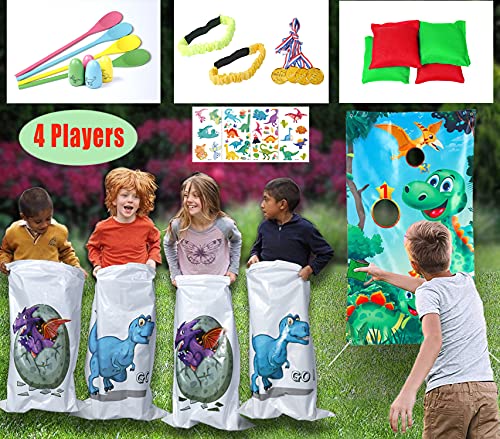 Outdoor Lawn Games-Potato Sack Race Bags,Egg and Spoon Race,3-Legged Relay Race,Game Prizes,Bean Bags Toss Banner and Dinosaur Stickers for Kids Family School Classroom Group