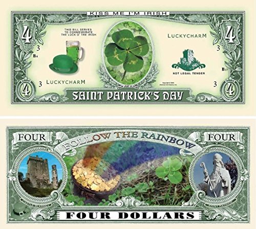25 Saint Patrick Four Dollar Bill with Bonus Thanks a Million Gift Card Set
