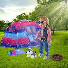Load image into Gallery viewer, WONDOLL [Improved Version 18-inch-Doll-Clothes and Camping-Tent-Set Doll Accessories - Including Doll Tent Sleeping Bag, Clothes Shoes, Camera Eye Glasses, Toy Dog &amp; Doghouse Doll Furniture
