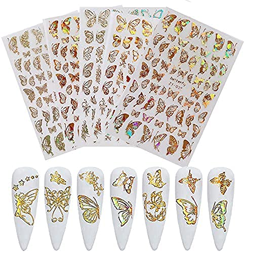 8Pcs/Lot Nail Art Sticker Sheets Different Holographic Butterfly Gold and Silver Color Butterflies Nail Decoration Supplies Nail Art Stickers for Manicure Nail DIY Designs
