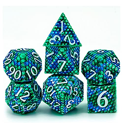 UDIXI DND Dice Set Metal, Polyhedral Dice for Role Playing Games, Metal RPG Dice for Dungeons and Dragons with Leather Dice Bag (Blue Green-White Number)