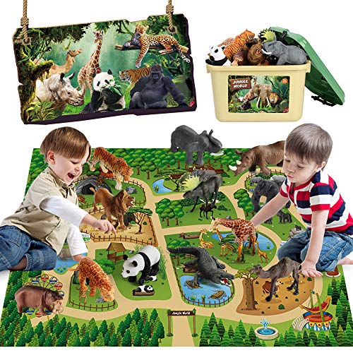 Mini Tudou 12 Pcs Safari Animals Figures Toys w/ 57x38.6 Large Activity Play Mat, Realistic Jumbo Jungle Wild Zoo Animals Figurines Playset w/ Elephant, Giraffe, Lion for Kids Toddlers Boys Girls