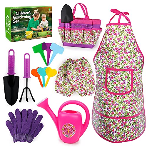Veitch fairytales Kids Gardening Tool Set Toddler Toys Birthday Gifts for 3+ Year Old Girls Garden Tools Kit 17Pcs Including Apron Gloves Watering Can Shovel Rake Trowel and Tote Bag (Flower)