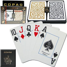 Load image into Gallery viewer, Copag Playing Card Set, Black and Gold Poker Size, Jumbo Index. 100% Plastic Playing Cards
