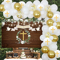 Baptism Party Decorations White and Gold First Holy Communion Decorations for Boys Girls Balloon Garland Kit with Rustic Wood Backdrop, God Bless Christening Decorations for Party