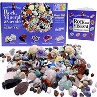 Dancing Bear Rock & Mineral Collection Activity Kit (200+Pcs) with Geodes, Shark Teeth Fossils, Arrowheads, Crystals, Gemstones for Kids, Rock Book, Treasure Hunt ID Sheet, STEM Science Education