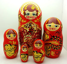 Load image into Gallery viewer, Gold Red Russian Traditional Nesting Dolls Hand Carved Hand Painted 5 Piece Doll Set 7&quot; H Tall
