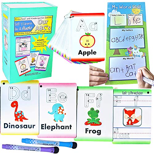 Preschool Toddler Kindergarten Durable Alphabet Flash Cards, Learn to Read and Write Sight Words, 2 Dry Erase Markers, Word Wall Magnet, Metal Ring