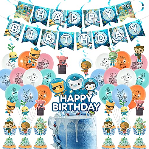 Birthday Party Supplies For Octonauts Includes Banner, 6 Swirls Hanging, Cake Topper, 12 Cupcake Toppers - 20 Balloons