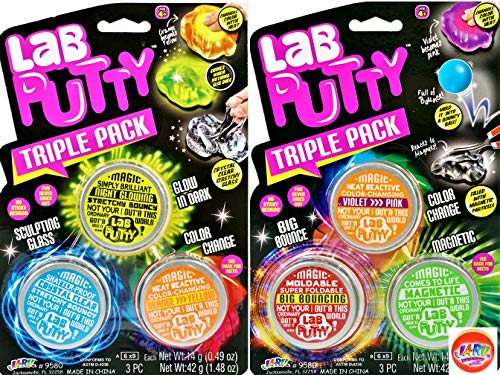 Lab Putty Assorted Magnetic, Heat Sensitive, Crystal Clear, UV Sensitive, Glow in The Dark (6 Units in 2 Packs) by JA-RU. Thinking Smart Crazy Stress Kids Putty Sensory Toy Stress Relief 9580-2p