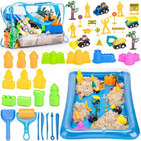 Play Sand for Kids, 3lbs Magic Sand, Building Castle Sand Molds Tools, Construction Trucks, Construction Toys and Signs, Sand Tray and Storage Bag, 43PCS Sandbox Toys Set for Toddlers Kids Boys Grils