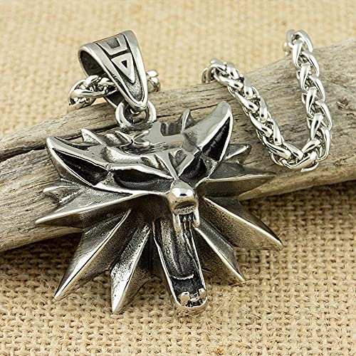 Hong TTH - 53x43mm Stainless Steel The Wizard Wolf Head Pendant Necklace for Geralt with a The Wild Hunt 3 Figure Game (60cm, Black Eye)