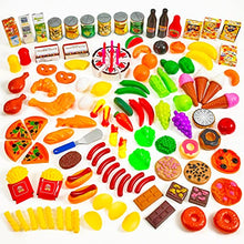 Load image into Gallery viewer, MEDca Kids Play Food Set - 130 Piece Pretend Play Food Collection - Assorted Fake Food Set Includes Fruits Vegetables Snacks Dessert Juices Canned Goods and More for Boys and Girls
