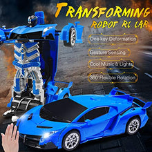 Load image into Gallery viewer, Janboo 1:14 RC Cars Robot for Kids, Transformrobot Racing Toys, Gesture Sensing Remote Control Car with One-Button Deformation Auto Demo, 360 Rotation Light Music Car Best Gift for Boys Girls (Blue)

