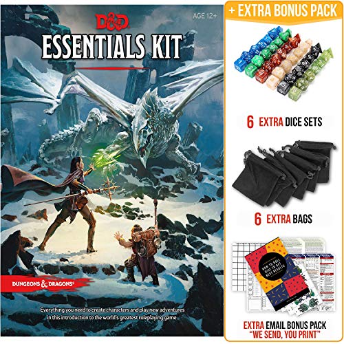 Dungeons and Dragons Essentials Kit 5th Edition with Complete Starter Pack  6 D&D Dice Sets in Black Bags and DND Beginner Printable Materials