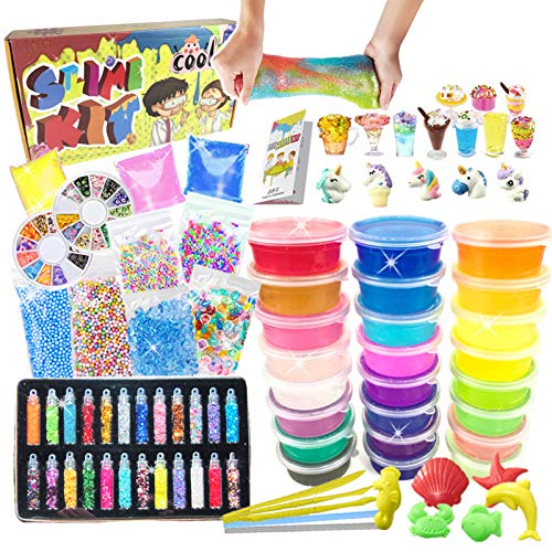 ESSENSON Slime Kit for Girls Boys - DIY Slime Supplies with 24 Colors Crystal Clear Slime, Glitter Powder, Slime Charms, Air Dry Clay, Kids Art Craft Toys Gifts for Kids Age 6+ Year Old