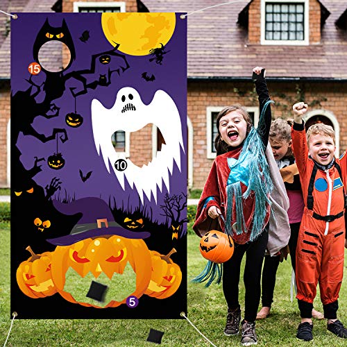 Tifeson Halloween Party Game - Halloween Pumpkin Toss Game Hanging Banner with 3 Bean Bags and 1 Rope - Halloween Game Supplies for Kids