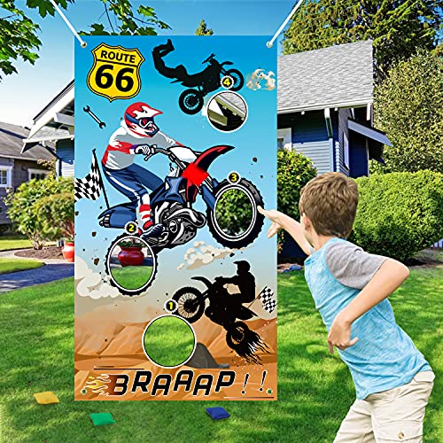 BeYumi Dirt Bike Toss Game Banner with 4 Bean Bags Motorcycle Theme Party Game for Indoor Outdoor Activities 4 Score Holes Game Checkered Racing Motocross Theme Birthday Party Supplies for Kids Adults