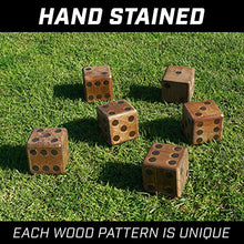 Load image into Gallery viewer, GoSports Giant 3.5&quot; Dark Stain Wooden Playing Dice Set with Bonus Scoreboard (Includes 6 Dice, Dry-Erase Scoreboard and Canvas Carrying Bag)
