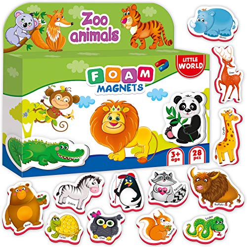 Little World Foam Fridge Magnets for Toddlers Age 1 2 3 - Refrigerator Magnets for Kids  Large Baby Magnets Toy  Set of 28 Magnetic Animals for Toddler Learning  Safe Kids Magnets